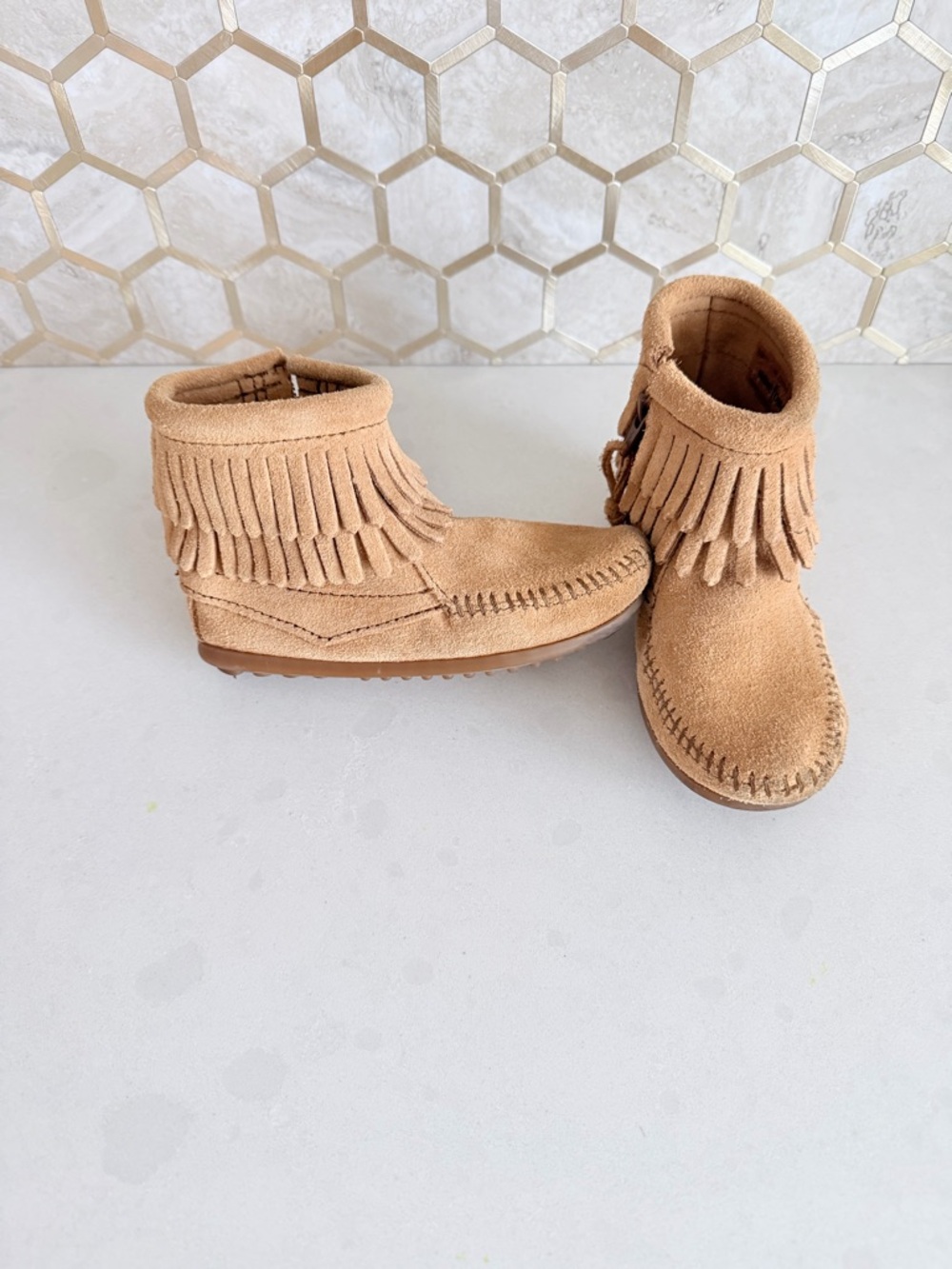 Minnetonka Kids Double Fringe Moccasin Boot - Tan